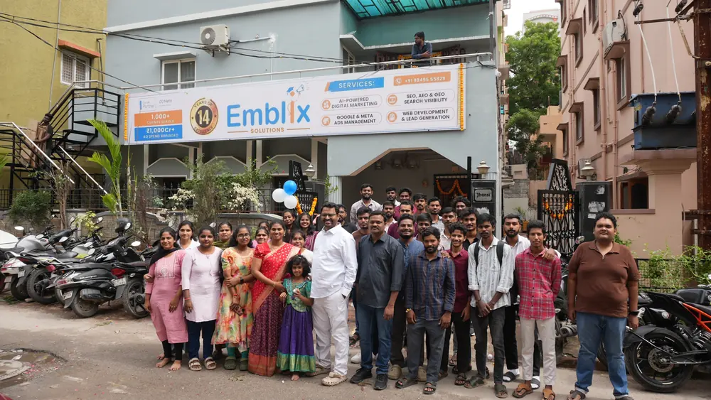 Emblix Solutions team outside the Emblix office in Hyderabad